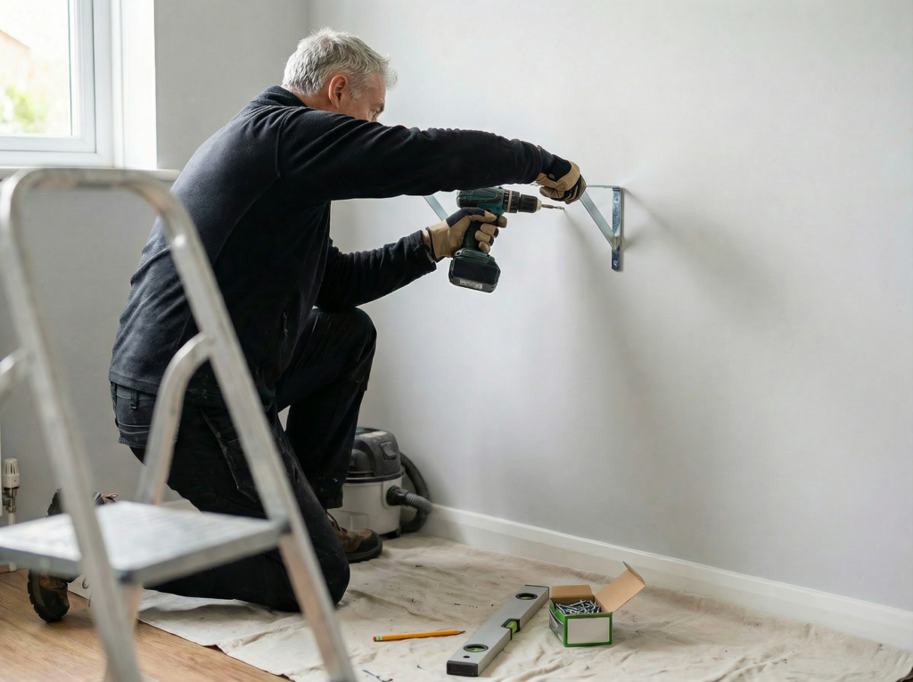Firefly_can man be standing up please, have evidence of step ladder out of focus in foregroun 188454 Chris fixing shelf brackets to a wall